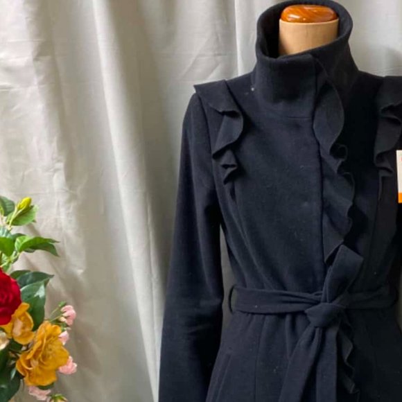 PORTMANS Wool blend Black Ruffle Belt Winter Coat - Picture 8 of 8